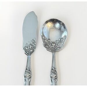 Holmes & Edwards XIV Silverplate American Beauty Rose Serving Spoon Butter Knife